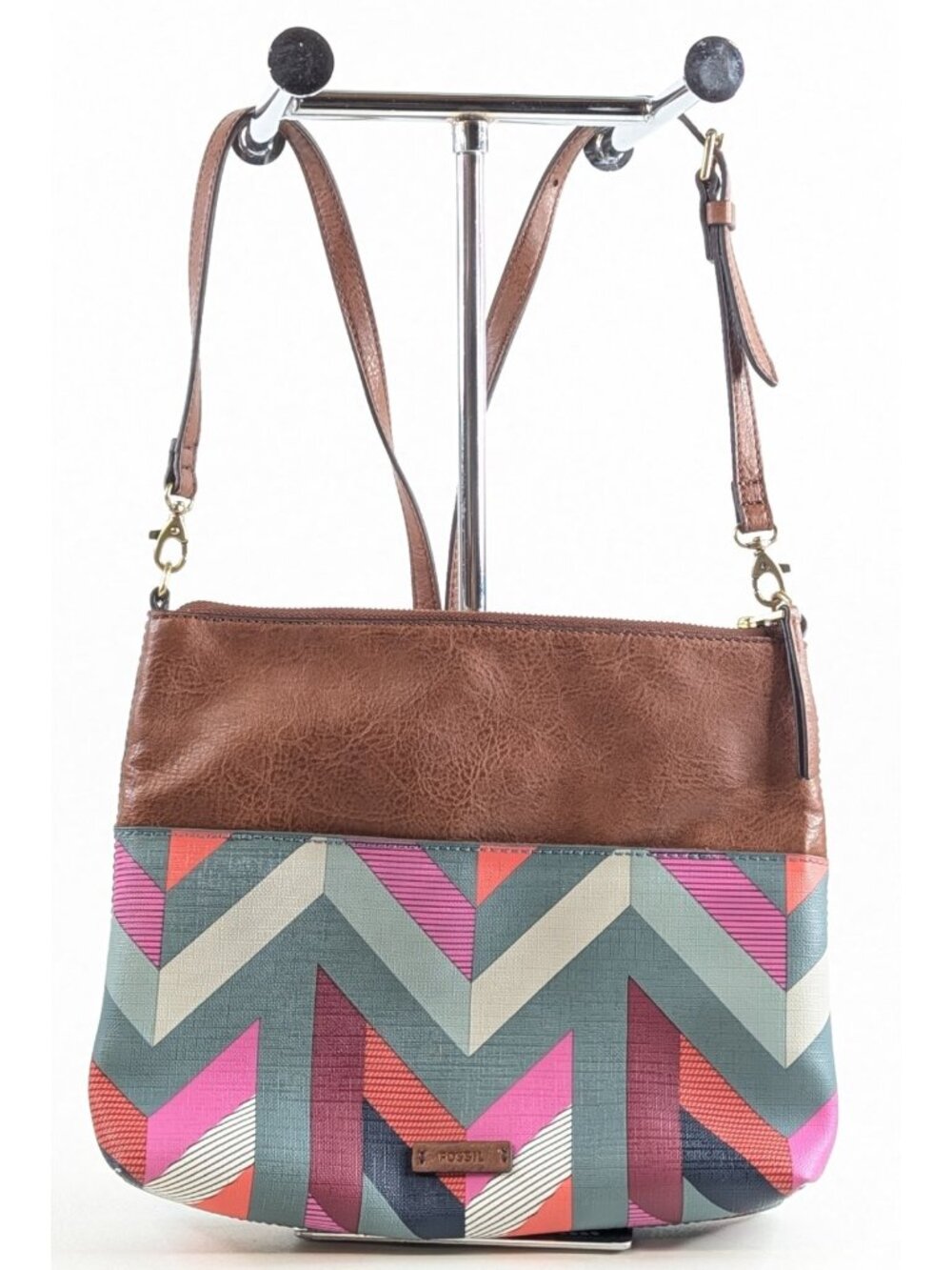 Fossil Fiona Multicolor Chevron Satchel Crossbody Purse Bag Medium Handbag EUC